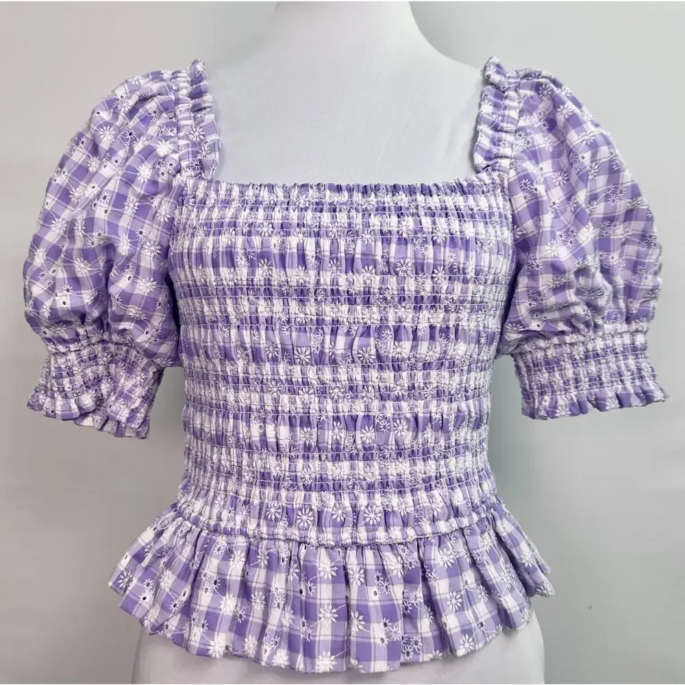 NWOT English Factory Smocked Gingham Puff Sleeve Blouse Square Neck Lavender XS - Picture 3 of 9